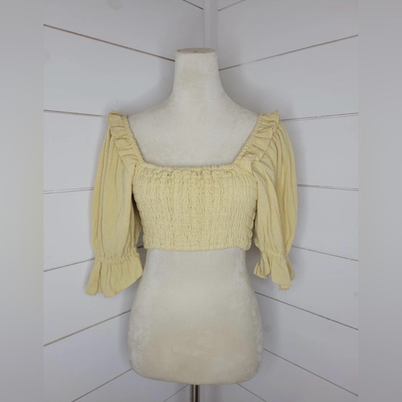 Free People Yellow Smocked Crop Top XS Ruffle Sleeves Boho Peasant Style - Picture 1 of 5